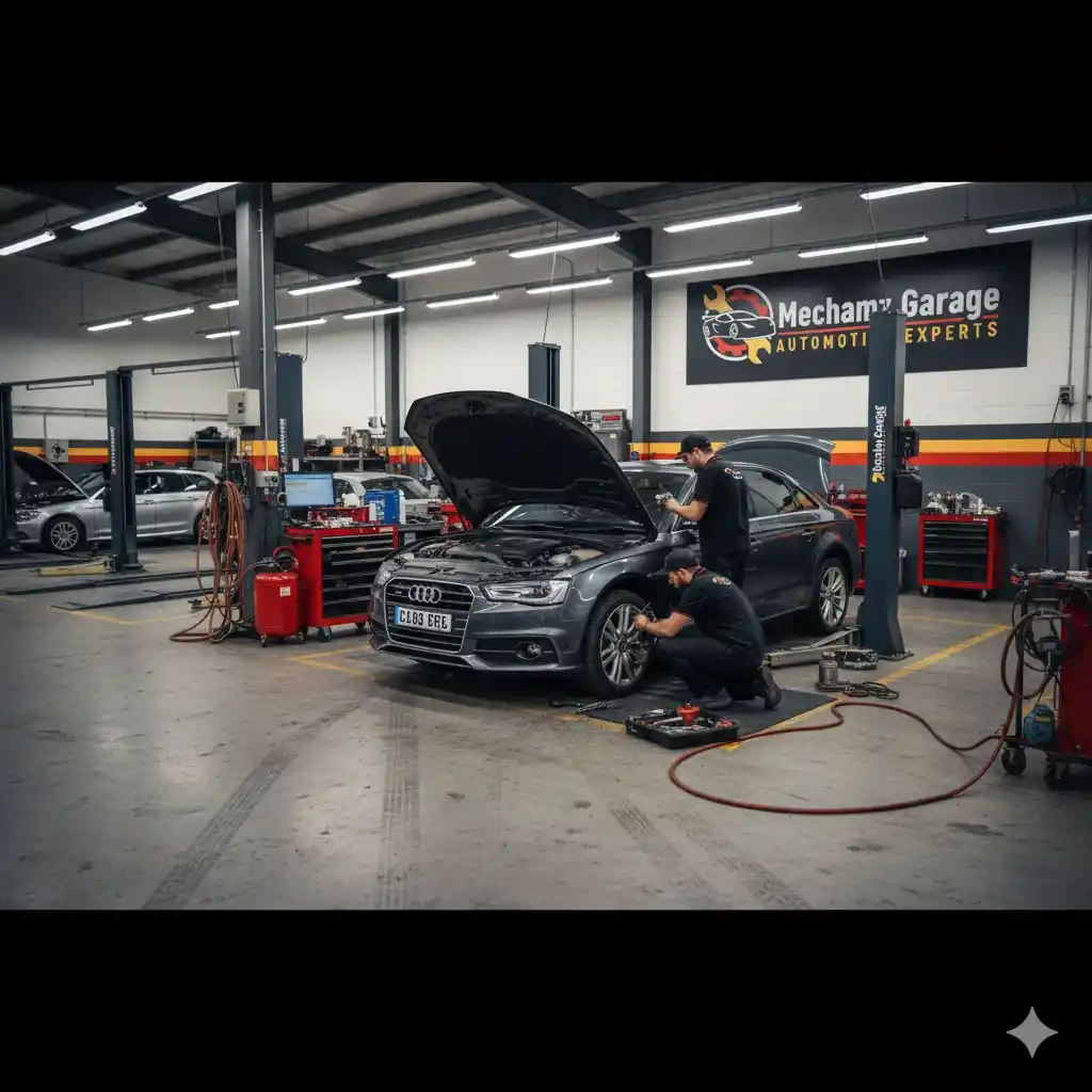 Technician repairing car brakes at Mechamz Garage, Halesowen car garage