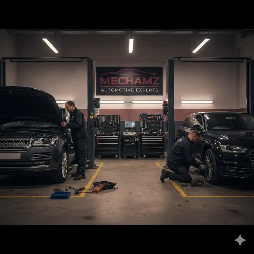 Two technicians repairing and rebuilding a car engine at Mechamz Garage, Halesowen car garage