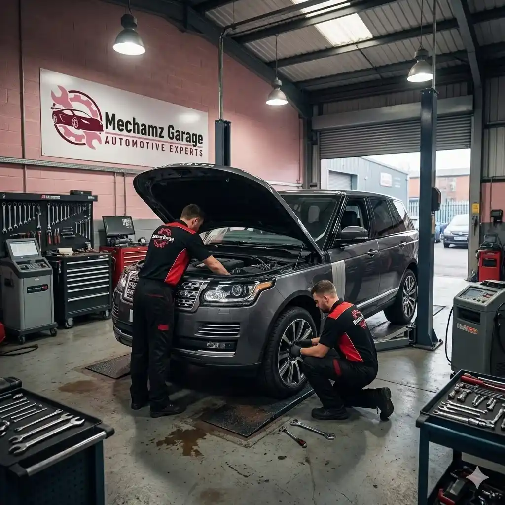 Technicians repairing a Range Rover at Mechamz Garage, Halesowen car garage