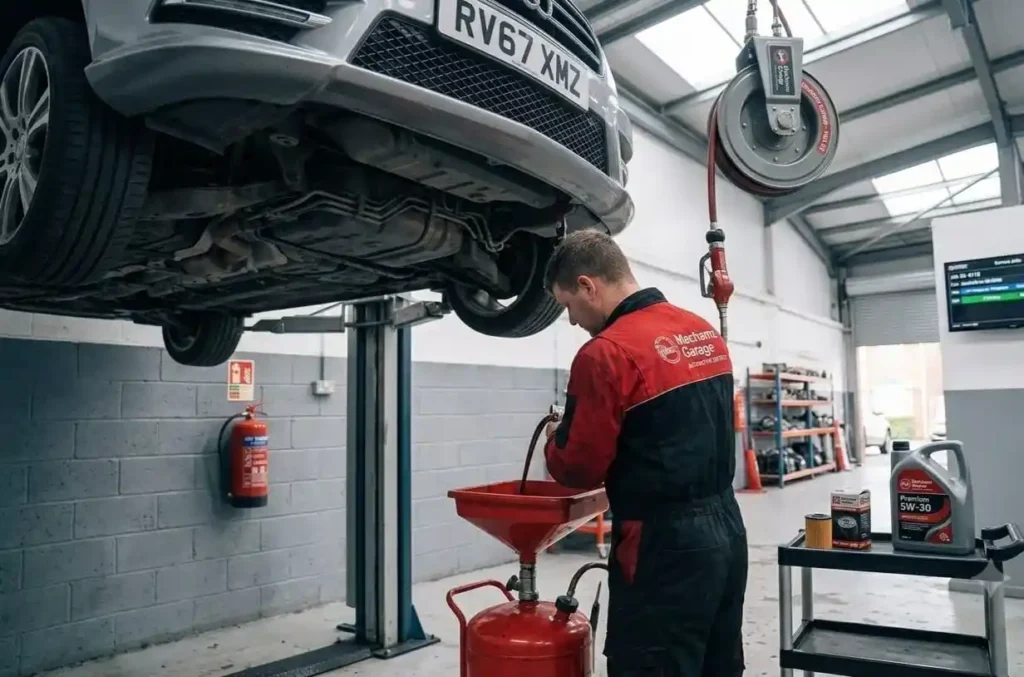 Mechanic draining engine oil from a car lifted on a hydraulic hoist into a red waste tank inside a professional garage.