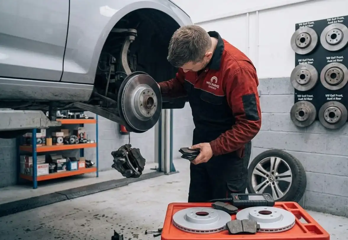 Mechanic holding a new brake pad next to a car disc brake assembly with new rotors laid out on a parts tray.
