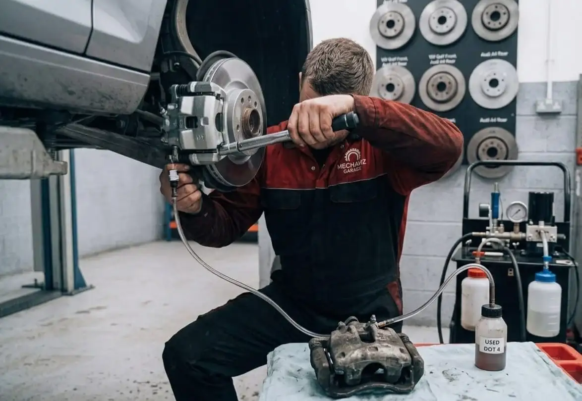 Mechanic torquing a brake caliper bolt into place with a wrench while connected to a fluid bleeding kit.