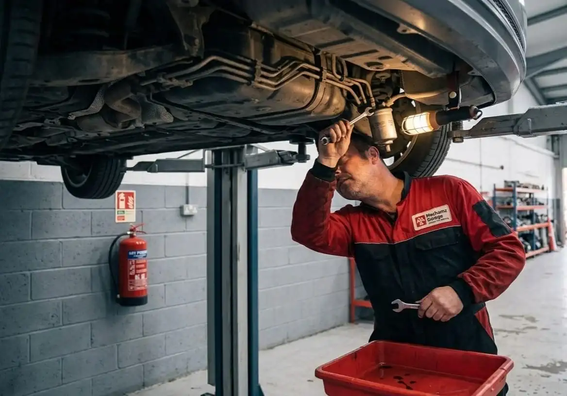 Mechanic reaching up under a car raised on a hydraulic lift to replace a fuel filter, with a red drip tray underneath.