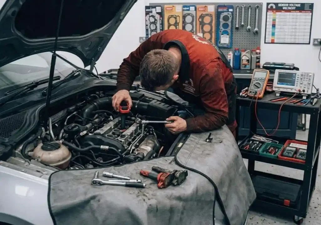 A Mechamz Garage mechanic, in a red and black uniform, uses a torque wrench to secure components on a complex car engine, with a laptop diagnostic station visible in the workshop background.