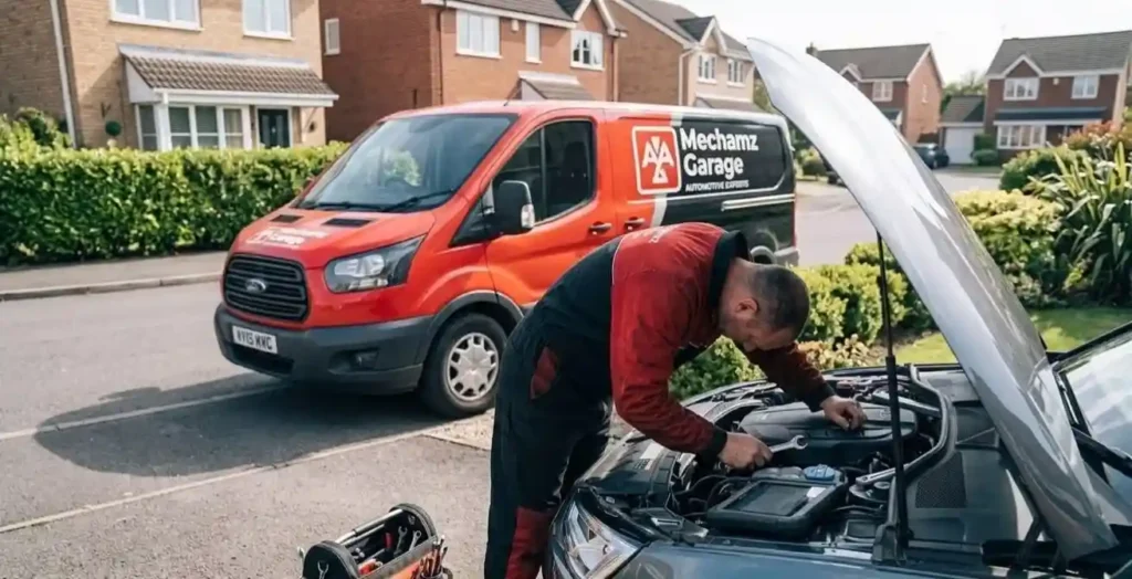 A mobile mechanic from Mechamz Garage, dressed in the company's red and black uniform, works on the engine of a grey car parked on a residential street, with the branded service van in the background.
