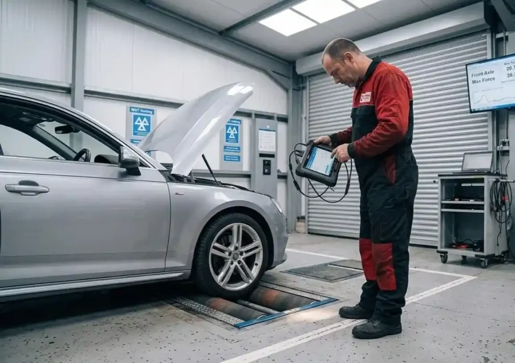 A trained mechanic from Mechamz Garage, wearing the official red and black uniform, conducts a computerized brake test on a silver car, using a handheld diagnostic device.